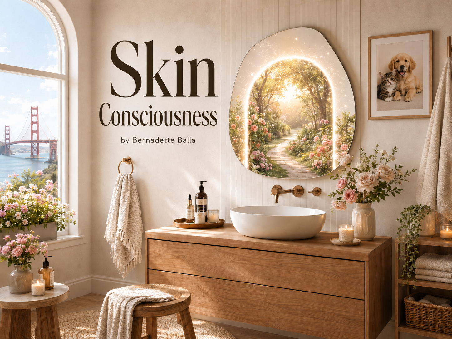 Skin Consciousness™ shown in a glowing bathroom mirror, representing skin anxiety, acne shame, hyperpigmentation, dark spots, redness, uneven texture, barrier stress, and the emotional spiral of checking your face.